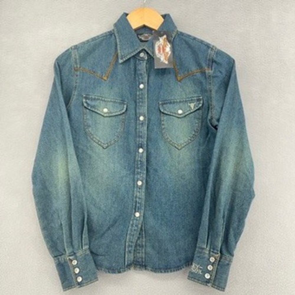 VTG Y2K Harley-Davidson Western Pearl Snap Denim Shirt Blue Embroidered XS (XXS) - Picture 2 of 8